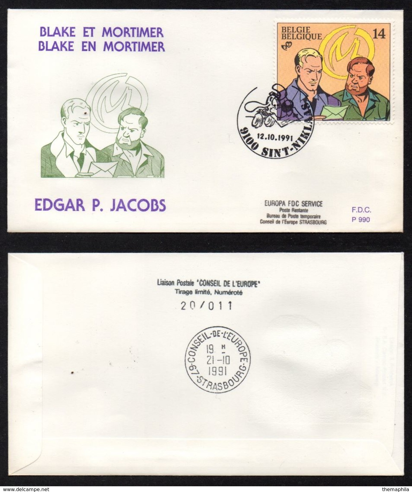 BANDES DESSINEES - BD - COMIC - BLAKE ET MORTIMER / 1991 BELGIQUE ENVELOPPE FDC NUMEROTEE 11/20 (ref LE1560) - Comics