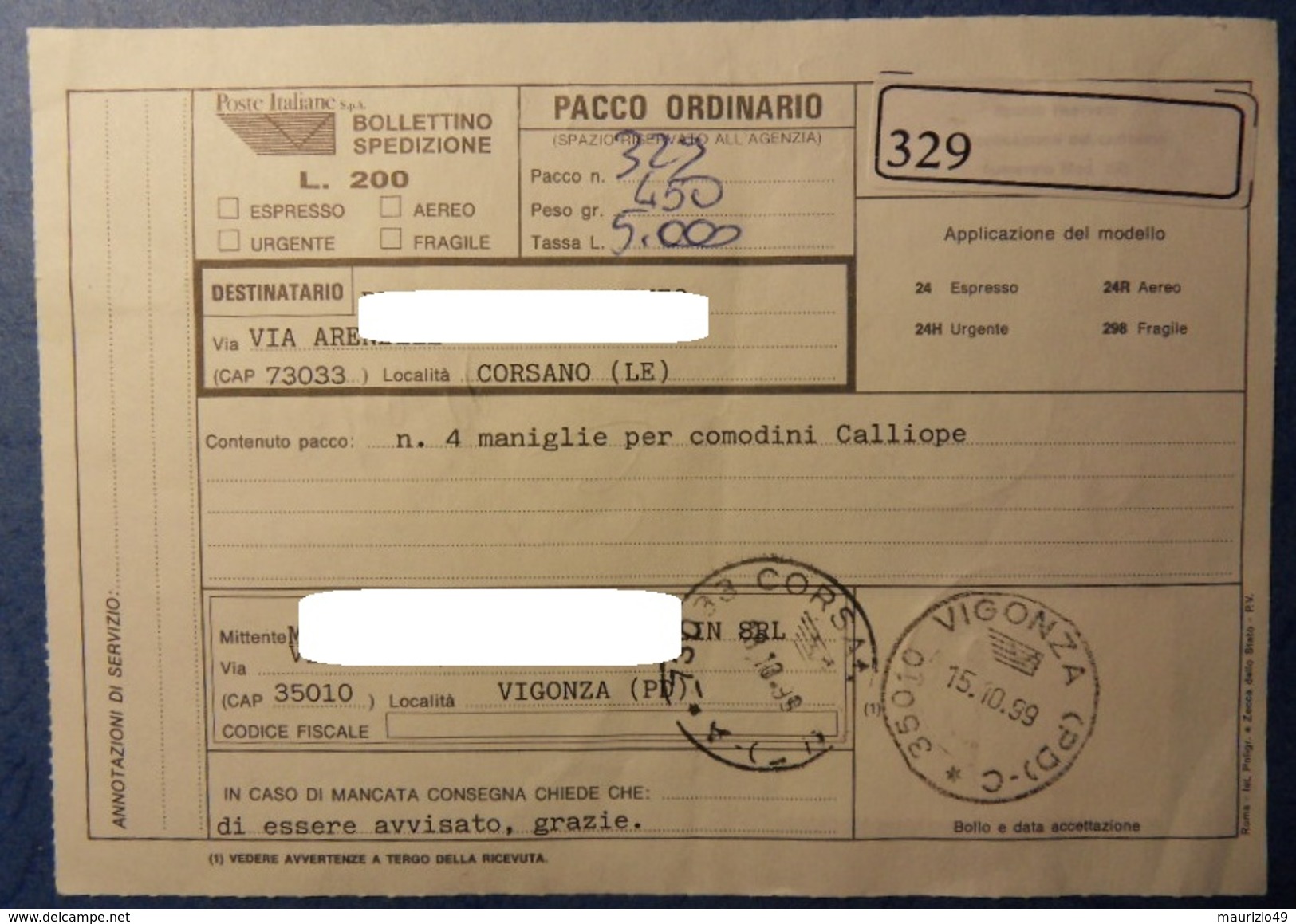 VIGONZA 1999 15 Ott BOLLETTINO PACCHI POSTALI - PARCEL POST BULLETIN - Alti Valori 2000 Lire Testa In Alto - Varietà E Curiosità