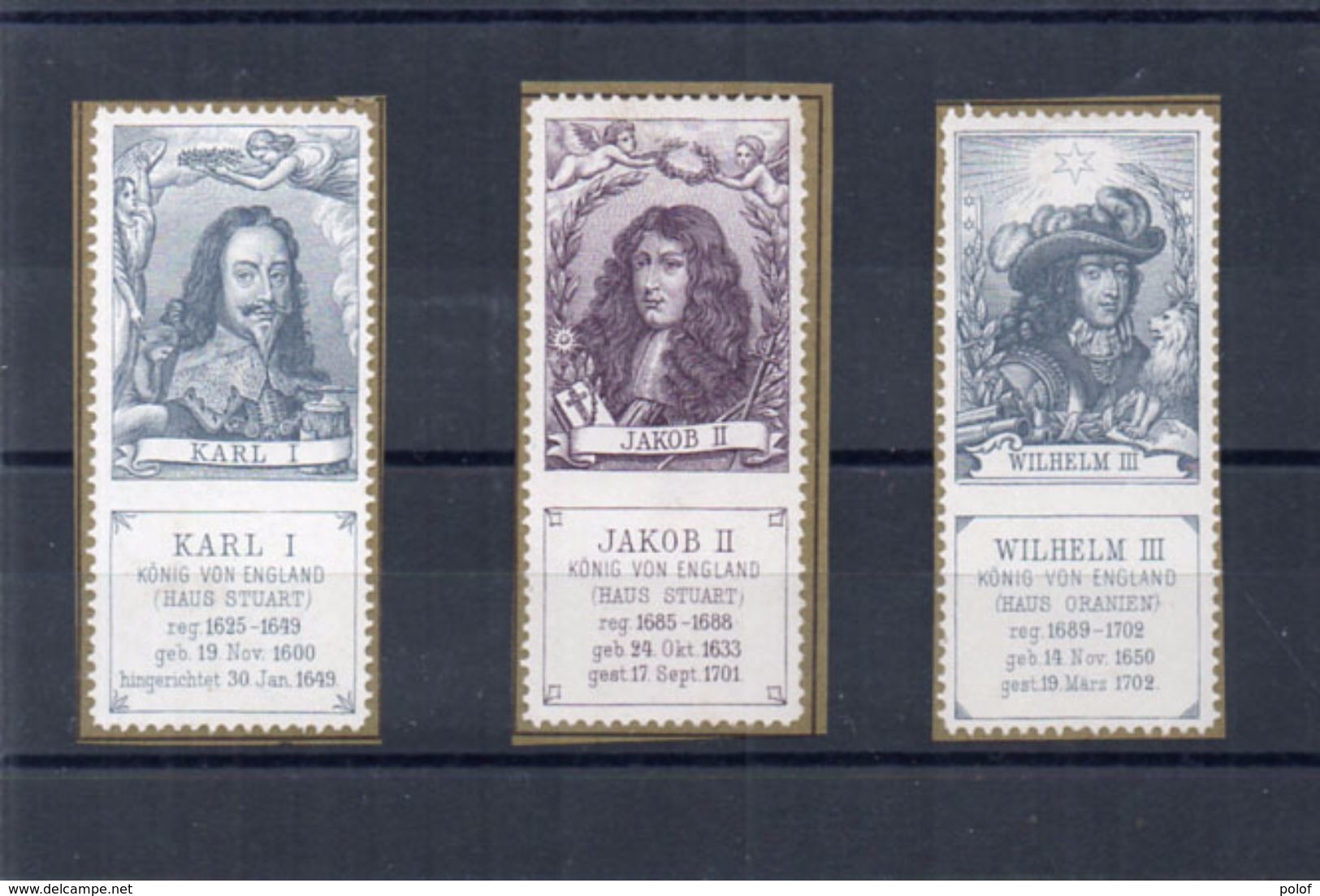 3 Vignettes Non Postales: Karl I - Jakob II - Wilheim III  -- England -   (98945) - Historical Documents