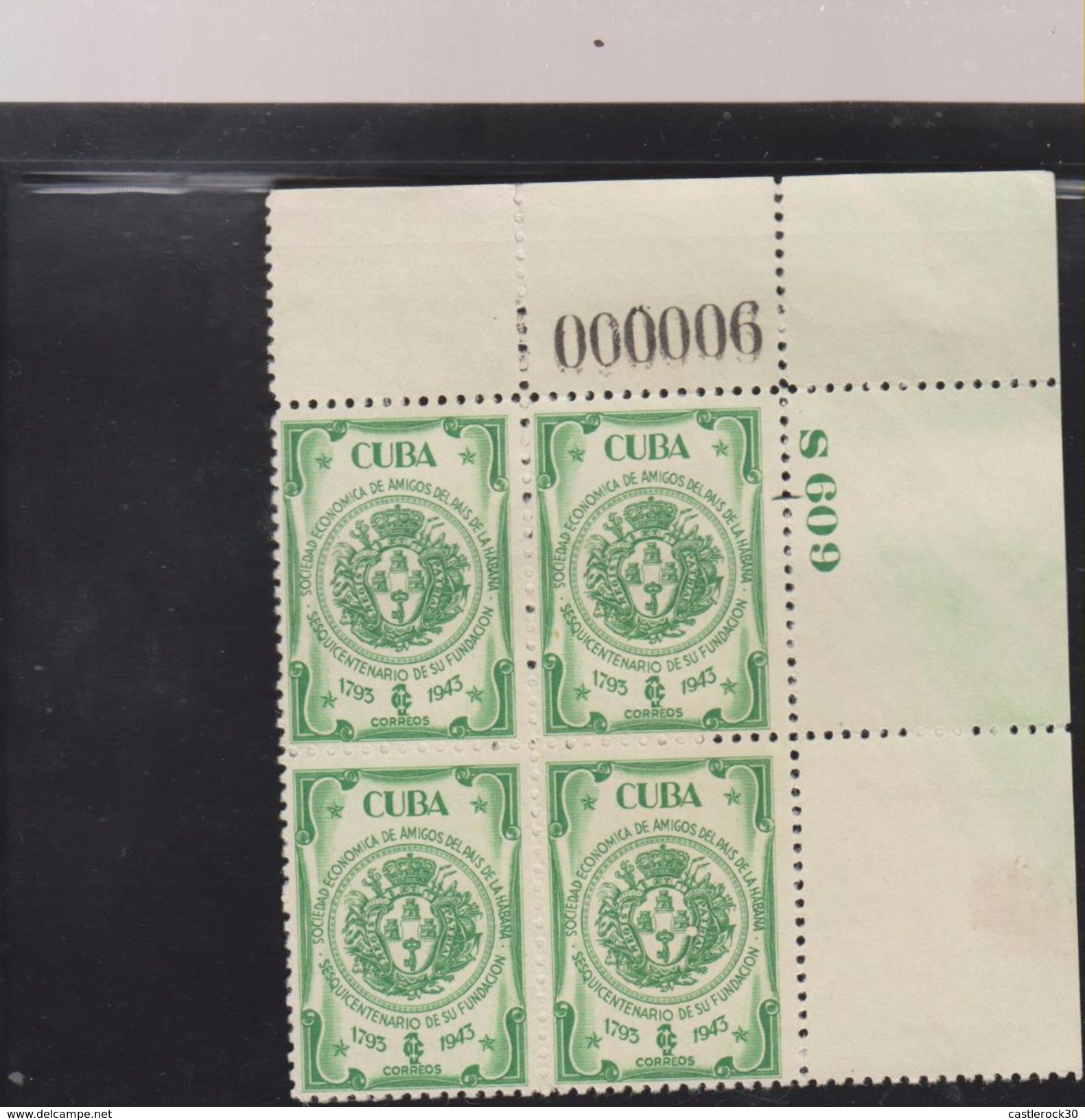 O) 1943 CUBA-CARIBE, ECONOMIC SOCIETY FRIENDS OF THE COUNTRY FROM 1793 - COAT GREEN, BLOCK MNH - Unused Stamps