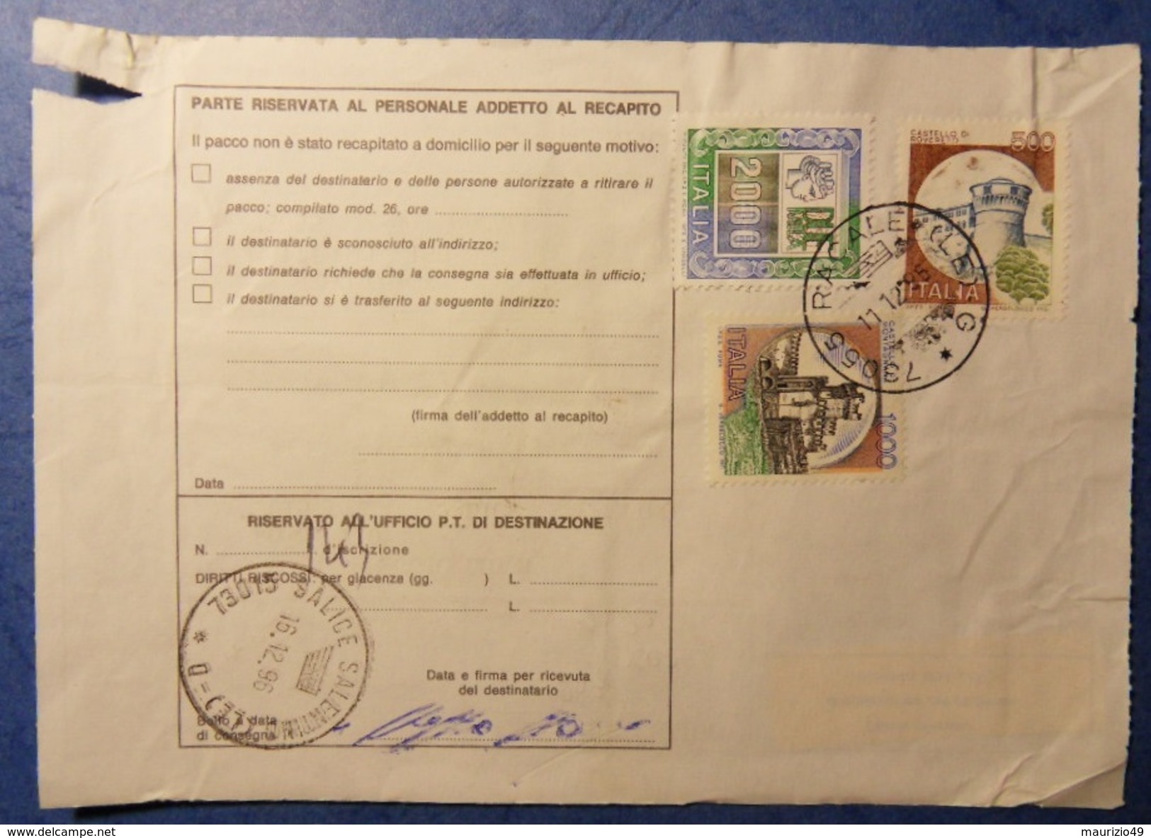 RACALE 1996 11 Dic BOLLETTINO PACCHI POSTALI - PARCEL POST BULLETIN -alti Valori 2000 Lire +castelli 1000 Varietà Colore - Varietà E Curiosità