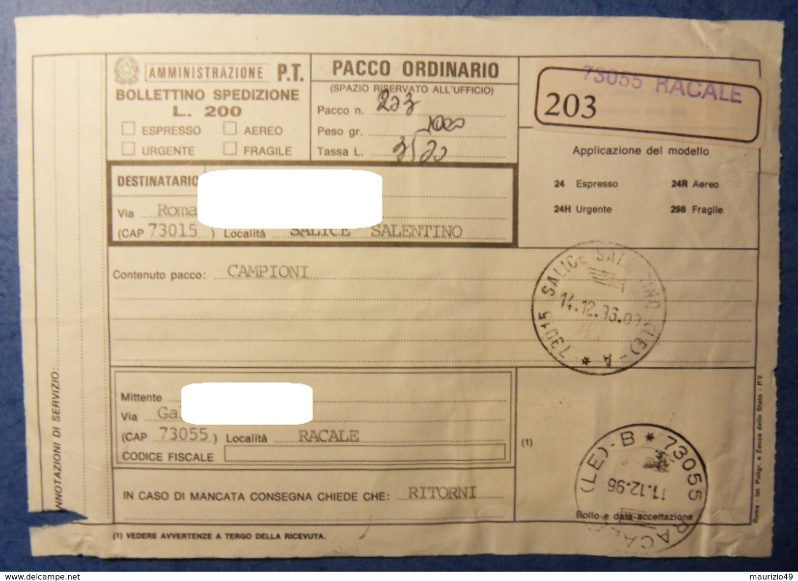 RACALE 1996 11 Dic BOLLETTINO PACCHI POSTALI - PARCEL POST BULLETIN -alti Valori 2000 Lire +castelli 1000 Varietà Colore - Varietà E Curiosità