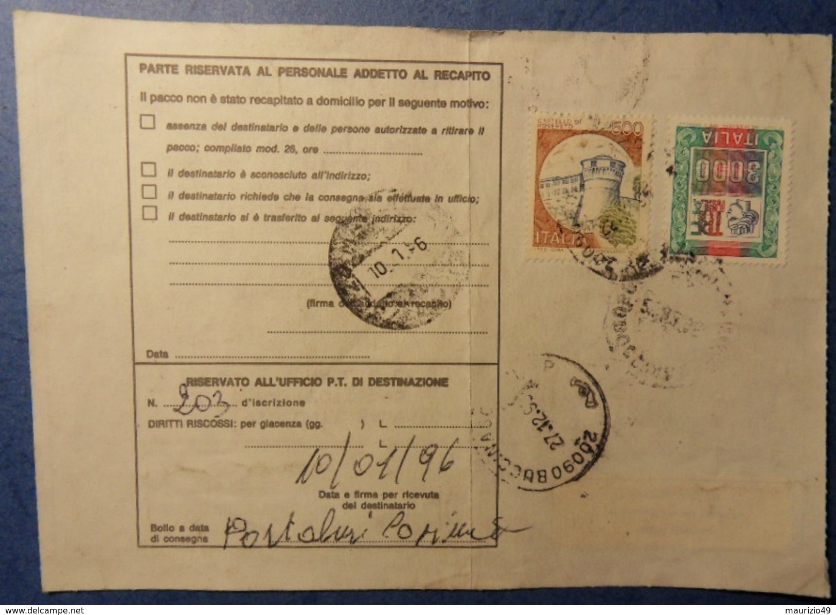 BUCCINASCO 1995 27 Dic BOLLETTINO PACCHI POSTALI - PARCEL POST BULLETIN - Alti Valori 3000 Lire Testa Spostata + 500 - Varietà E Curiosità