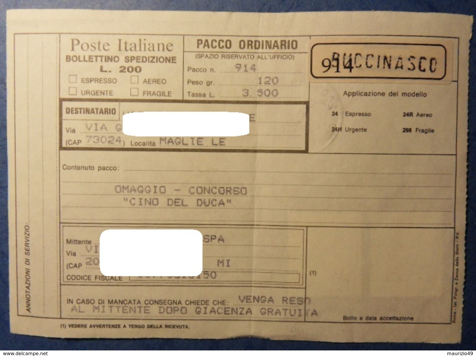 BUCCINASCO 1995 27 Dic BOLLETTINO PACCHI POSTALI - PARCEL POST BULLETIN - Alti Valori 3000 Lire Testa Spostata + 500 - Varietà E Curiosità