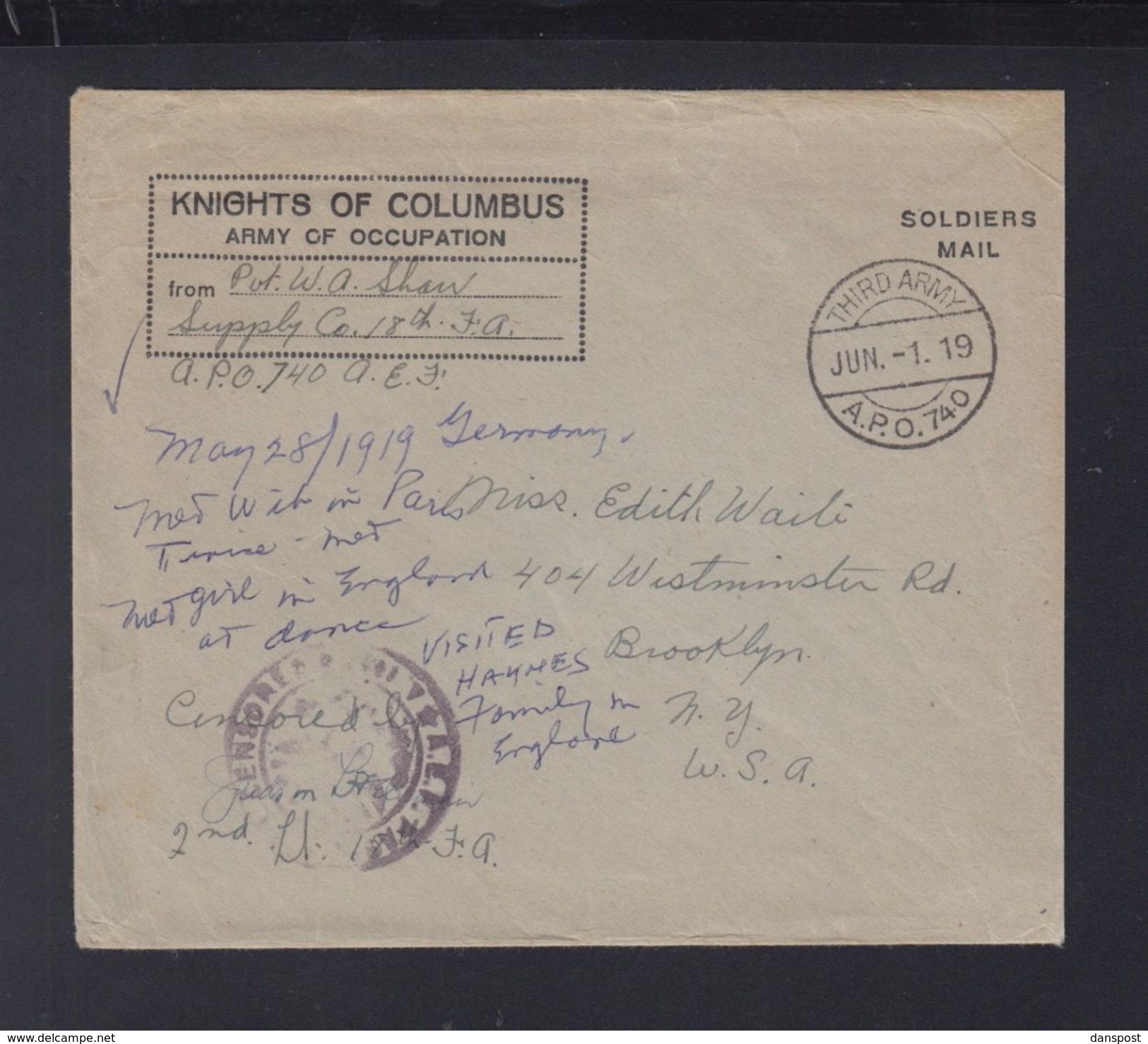 USA Knights Of Columbus Army Of Occupation Cover 1919 - Brieven En Documenten