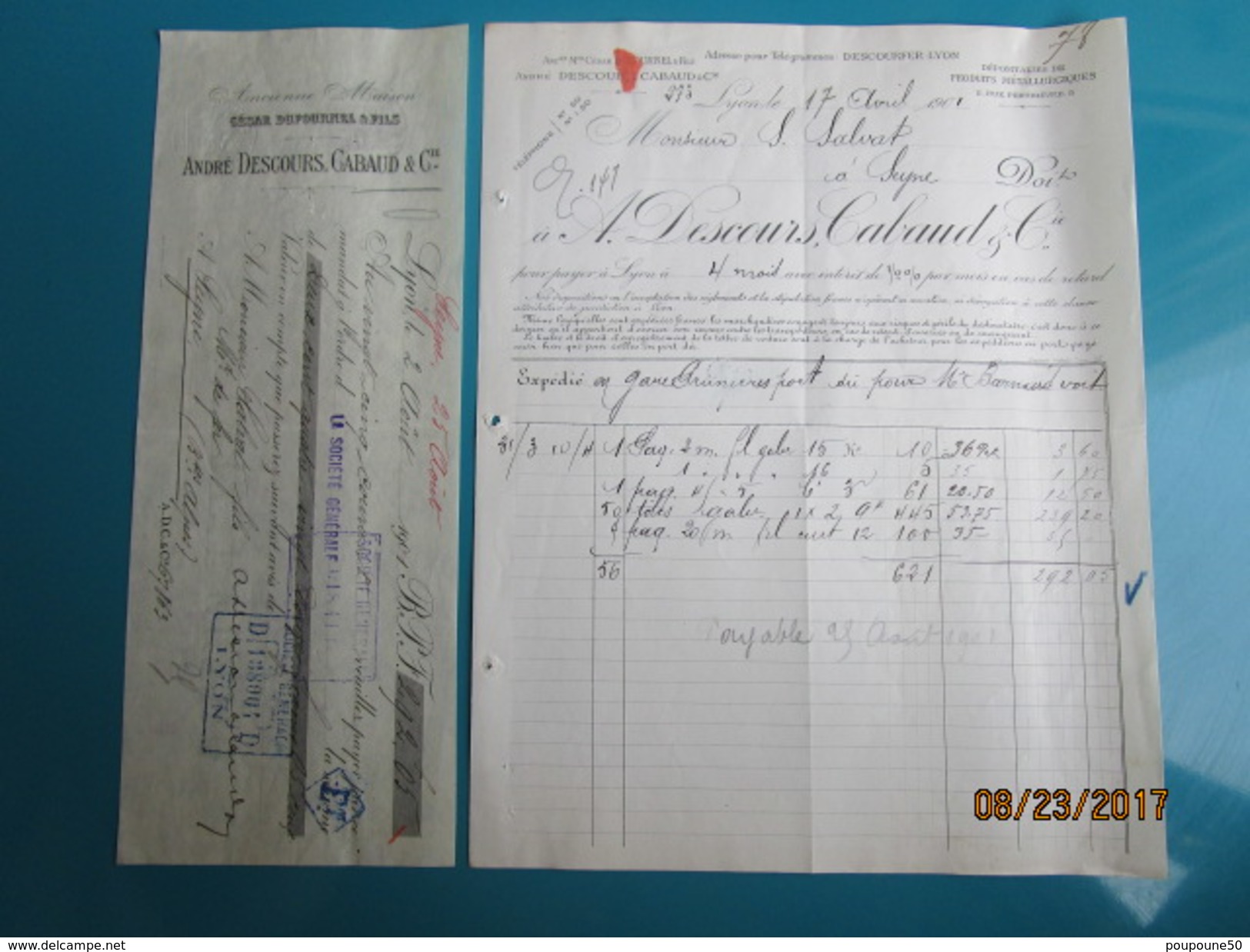 Facture + Traite 1901 à LYON 5 Rue Penthièvre André DESCOURS CABAUD & Cie Anc Mais. César Dufournel  Produits Métal - 1900 – 1949