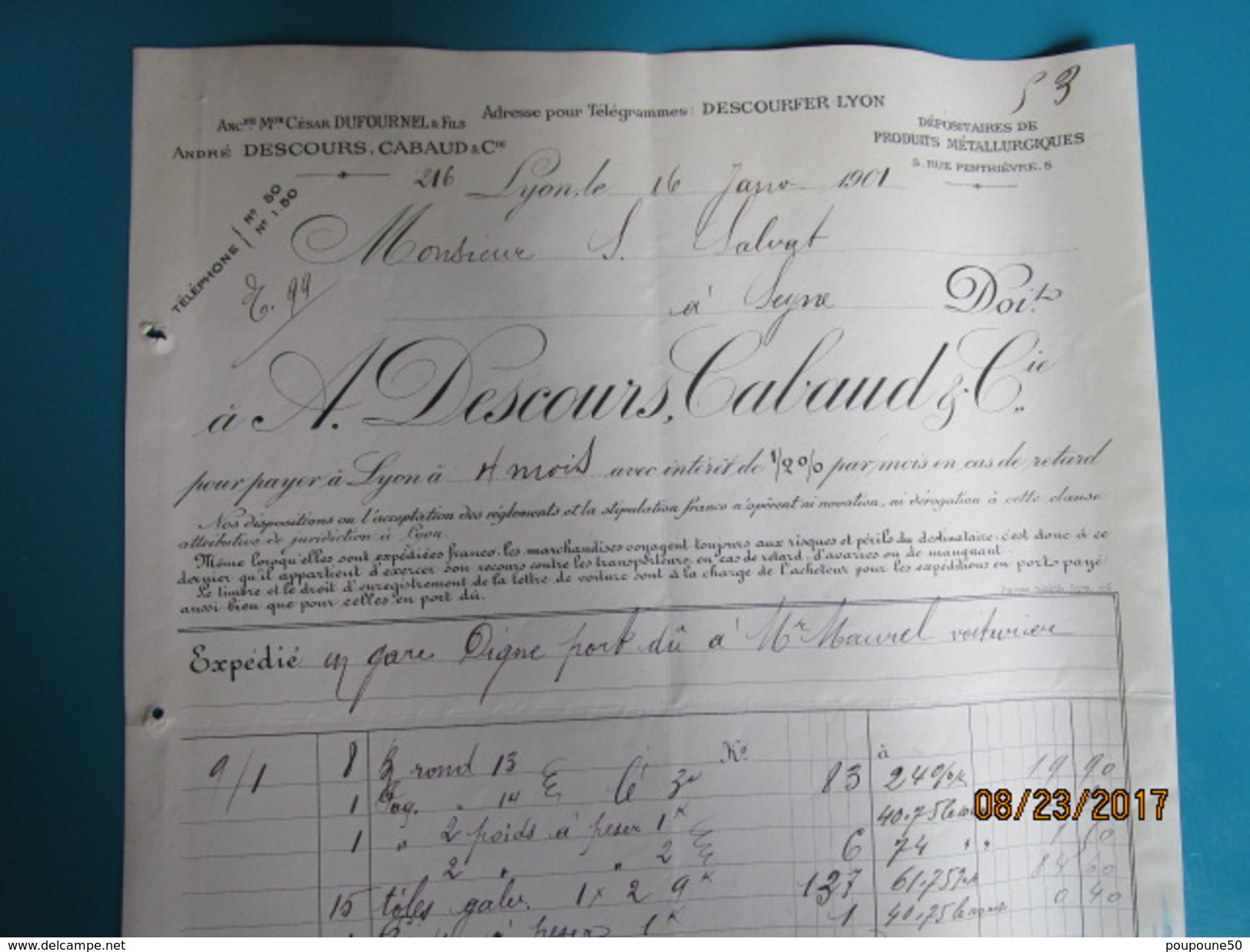 Facture 1901 à LYON 5 Rue Penthièvre André DESCOURS CABAUD & Cie Ancienne Maison. César Dufournel  & Fils - 1900 – 1949