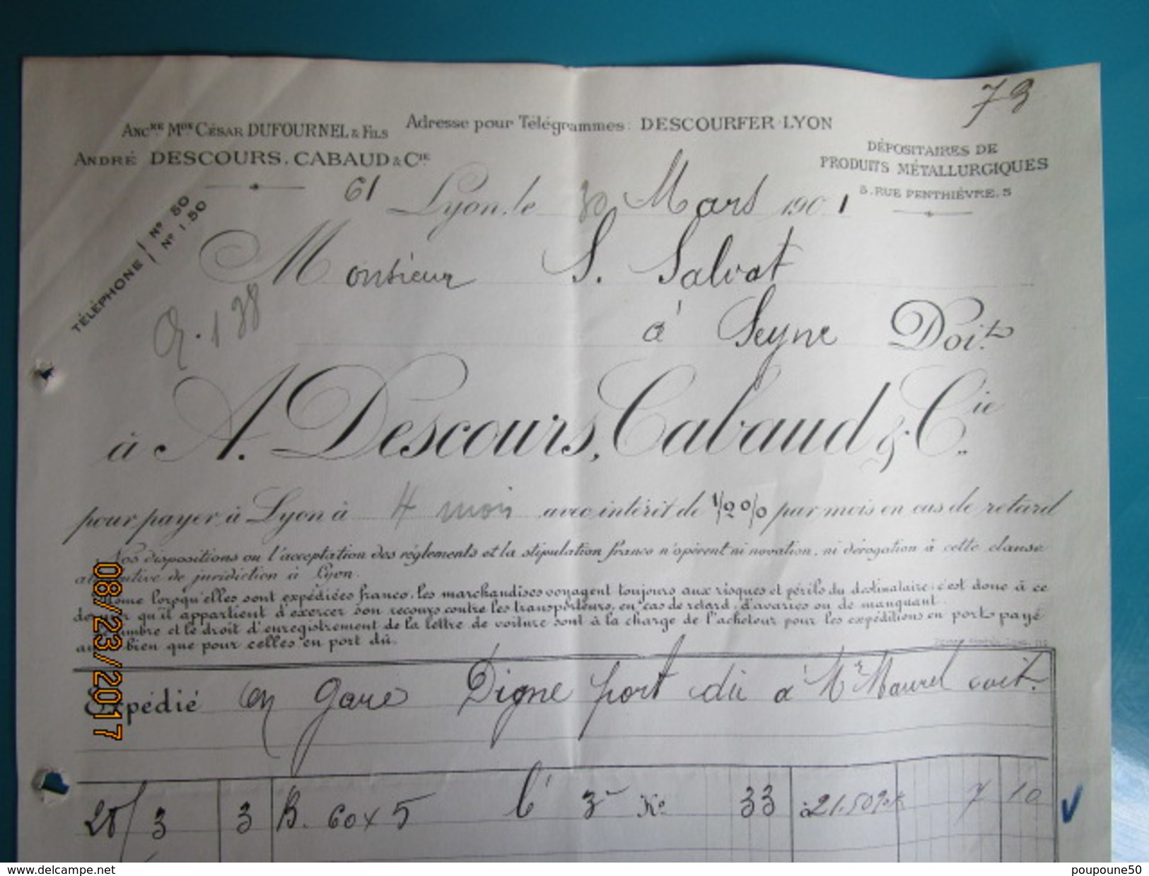 Facture 1901 à LYON 5 Rue Penthièvre André DESCOURS CABAUD & Cie Ancienne Maison. César Dufournel  & Fils - 1900 – 1949