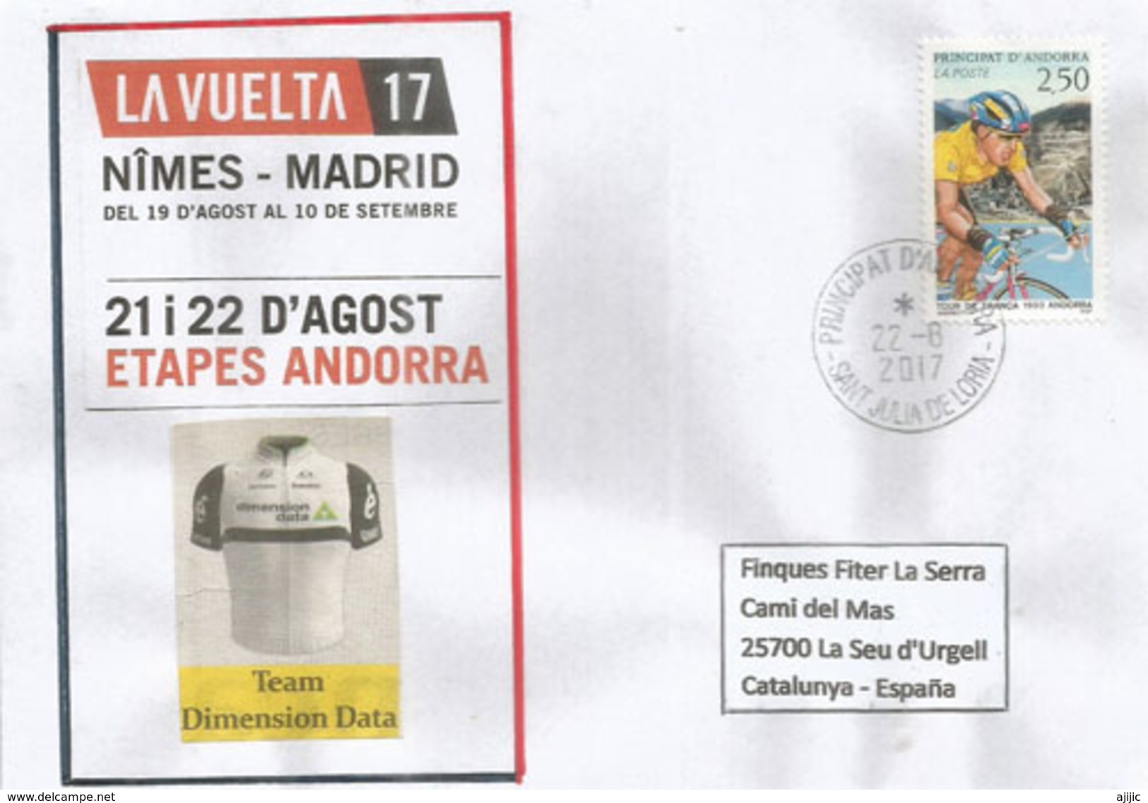 Tour Cycliste D'Espagne NIMES-MADRID 2017 (LA VUELTA), étape D'Andorra 22 Août 2017, Enveloppe Spéciale D'Andorre - Storia Postale