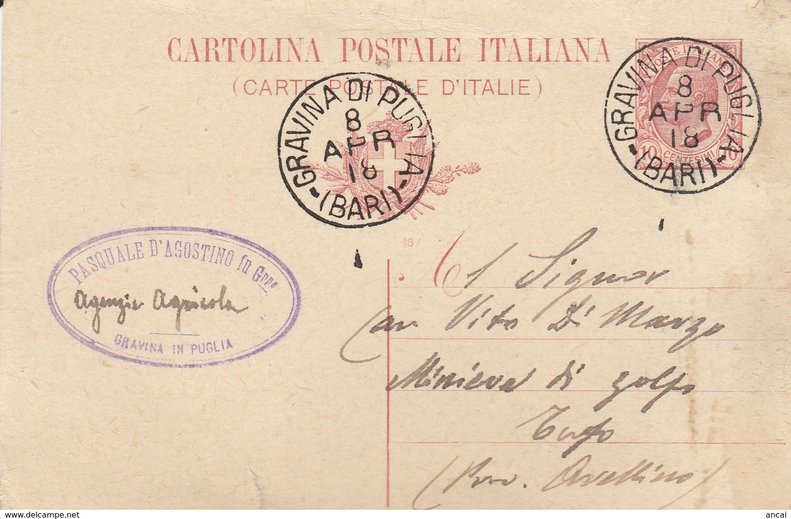 Gravina Di Puglia. 1918. Annullo Grande Cerchio GRAVINA DI PUGLIA (BARI) Su Cartolina Postale. BELLA. - Storia Postale