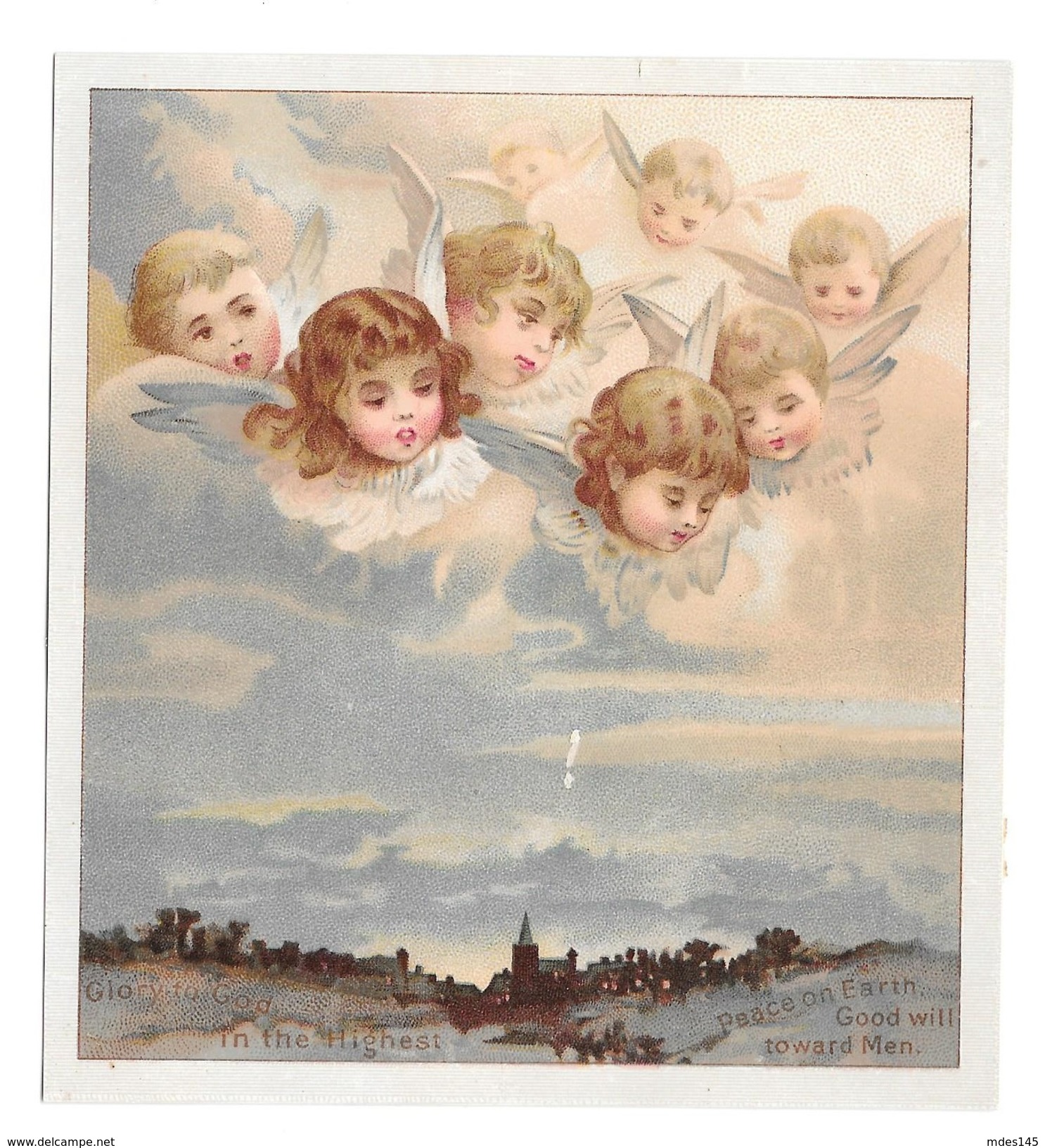 Vintage Chromo Lithograph Card Angels Cherubs Overlooking Countryside Church From Clouds - Other & Unclassified