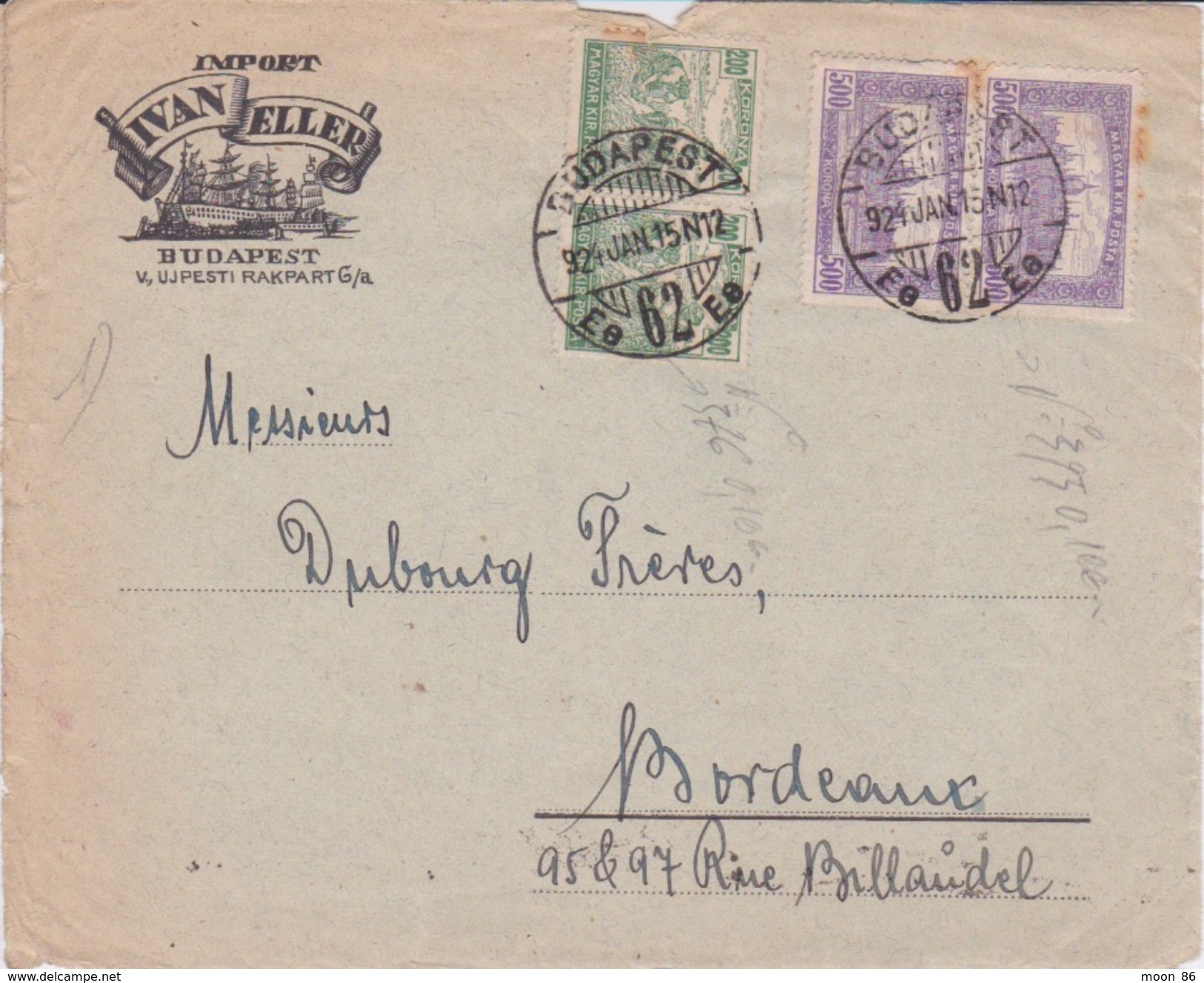 1915 - HONGRIE - MARCOPHILIE - FRAGMENT AVEC ENTETE IVAN ELLER  BUDAPEST - TIMBRE PAIRE N 376 & 393 - Poststempel (Marcophilie)