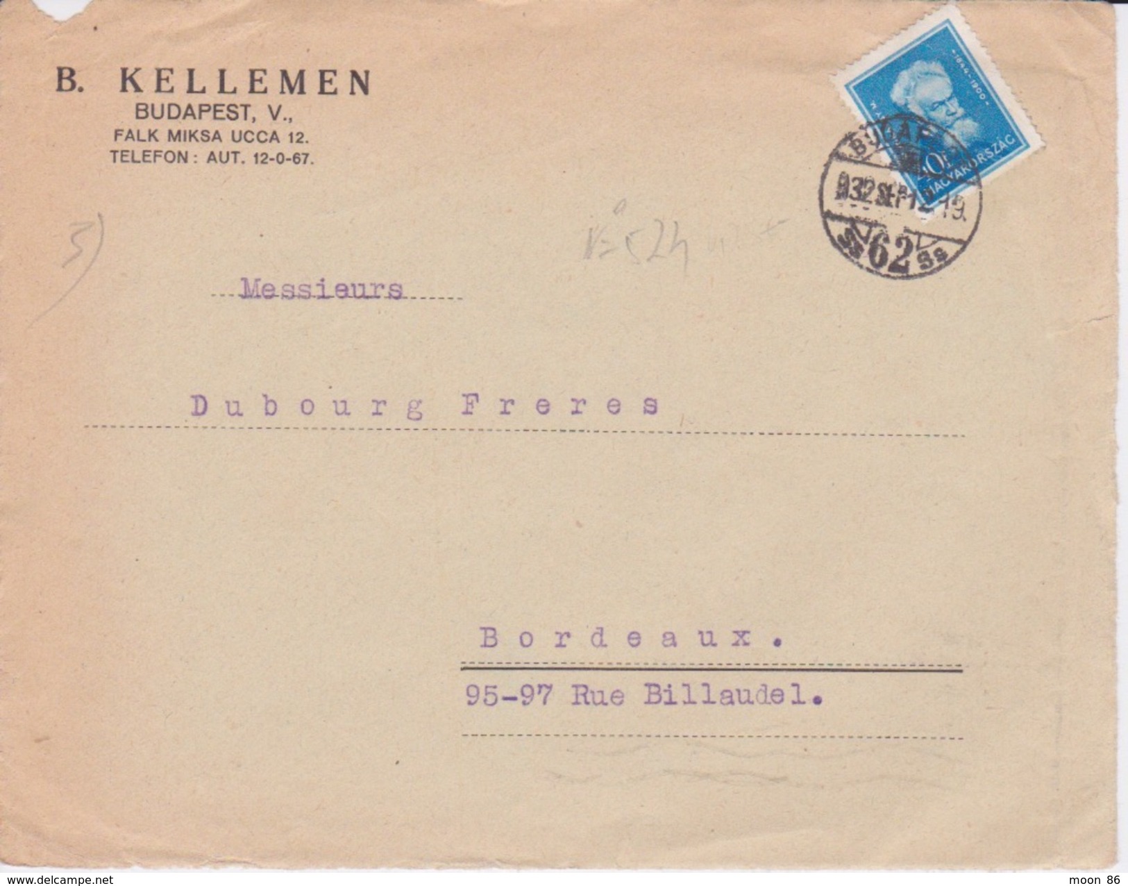 1912 - HONGRIE - MARCOPHILIE - FRAGMENT AVEC ENTETE KELLEME - CAD  BUDAPEST - TIMBRE 40 F BLEU - Postmark Collection