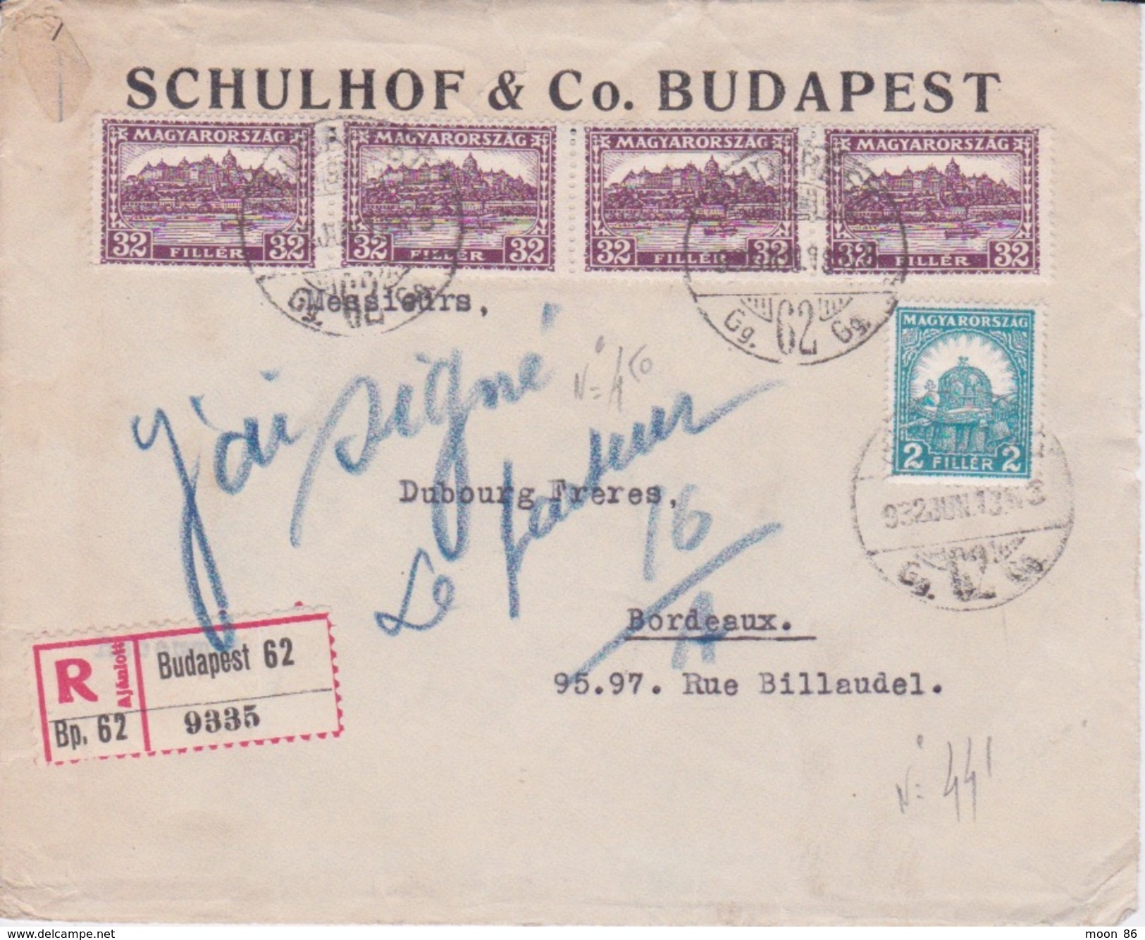 1913 - HONGRIE MAGYAR - MARCOPHILIE AVEC ENTETE SCHULHOF & CO  - CAD  BUDAPEST - TIMBRE  X 5 - SIGNÉ DU FACTEUR - Postmark Collection