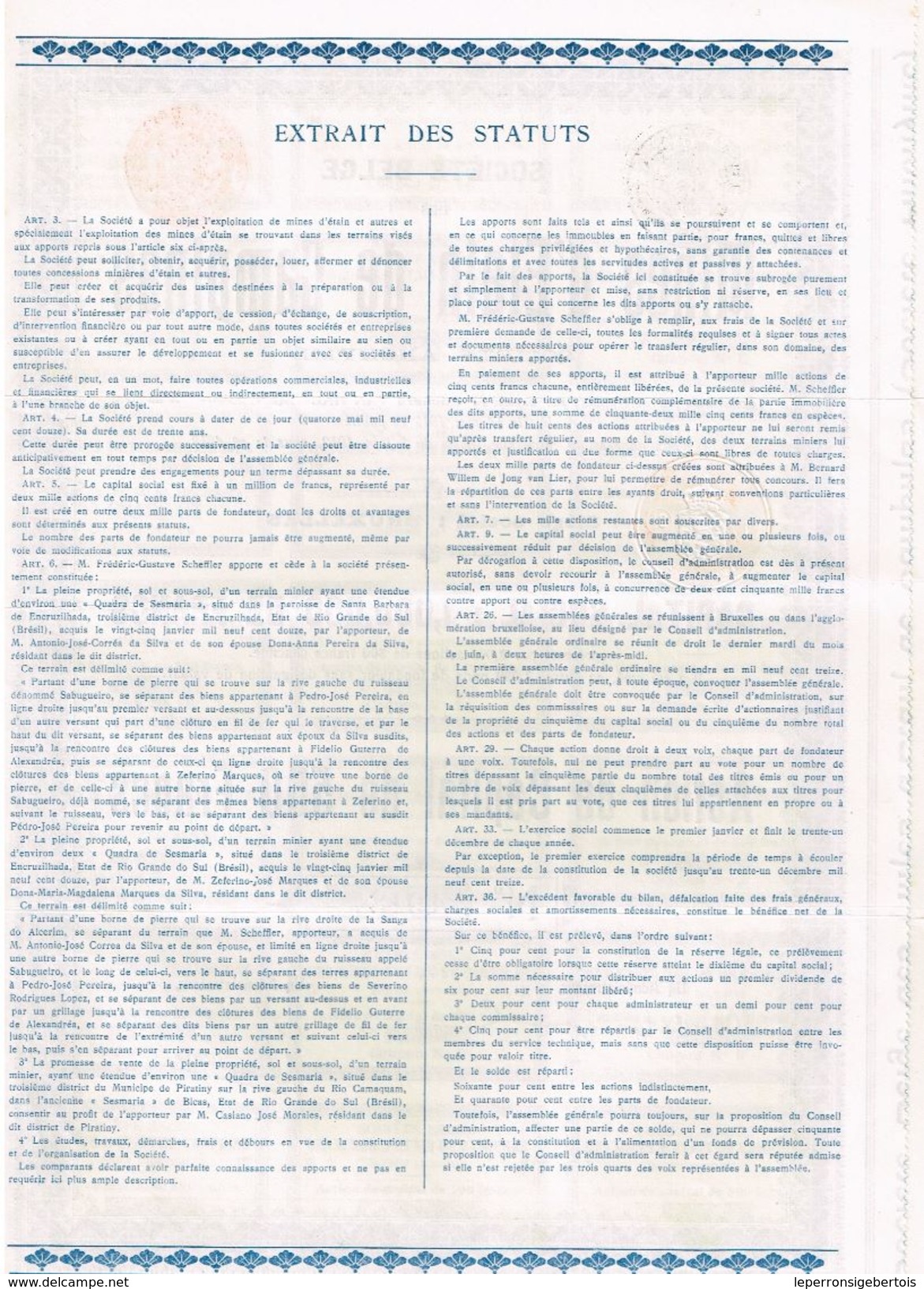 Action Ancienne - Société Belge Des Mines D' Etain De Campinas - Titre De 1912 - Mines