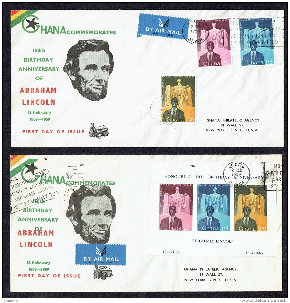 1959  Abraham Lincoln Stamps And Souvenir Sheet On 2 Registered FDCs - Ghana (1957-...)