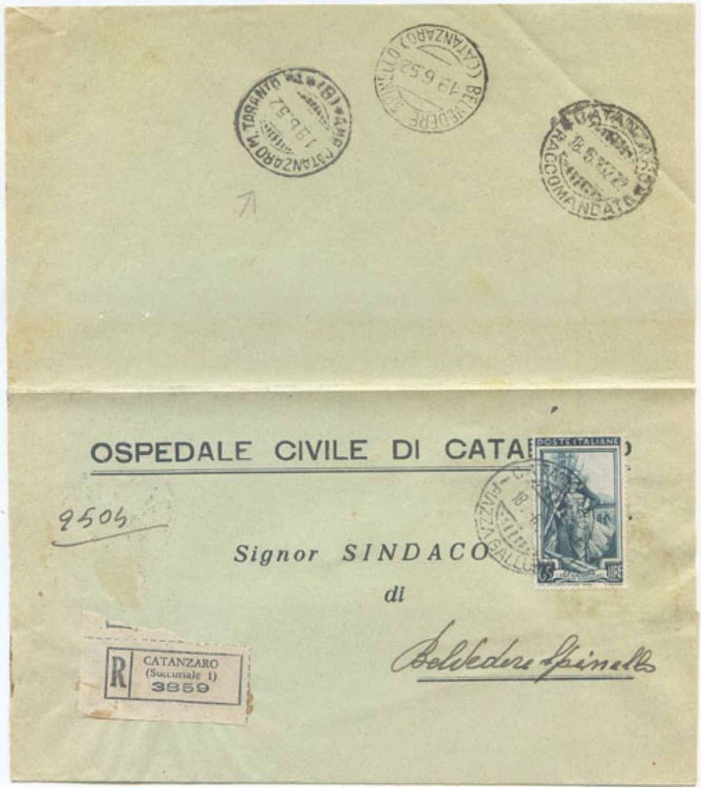 1952 LAVORO L. 65 ISOLATO PIEGO  RACC. 18.6.52 TIMBRI TRANSITO E ARRIVO BELVEDERE SPINELLO (8143) - 1946-60: Storia Postale