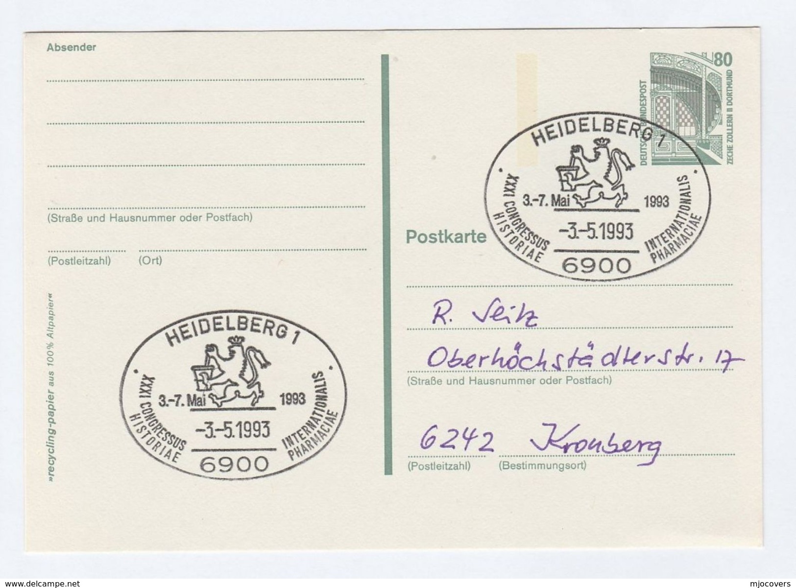1993 Cover PHARMACY HISTORY CONGRESS Event Postal Stationery Card Heidelberg Stamps Health Medicine - Apotheek