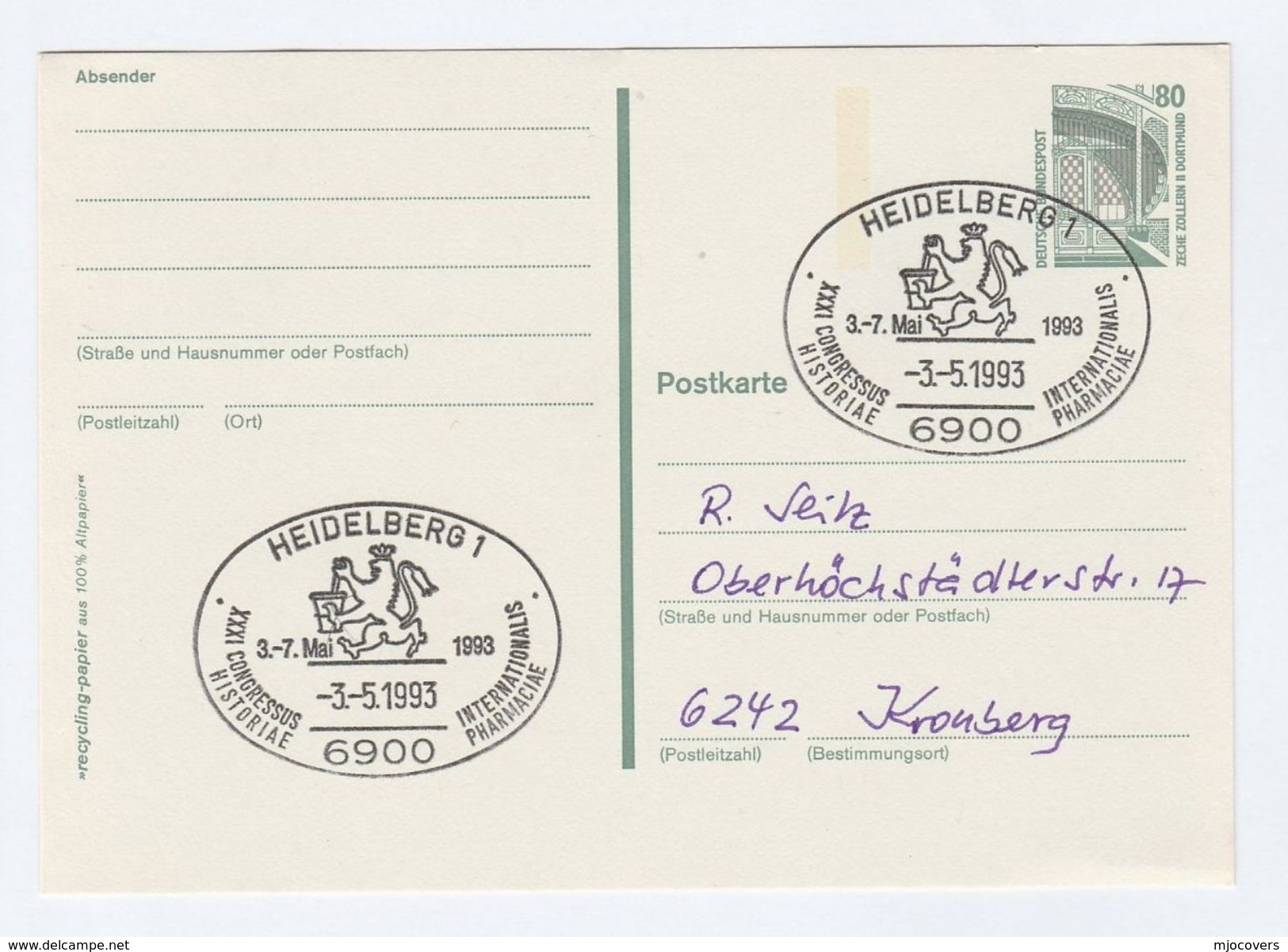 1993 Cover PHARMACY HISTORY CONGRESS Event Postal Stationery Card Heidelberg Stamps Health Medicine - Pharmacy