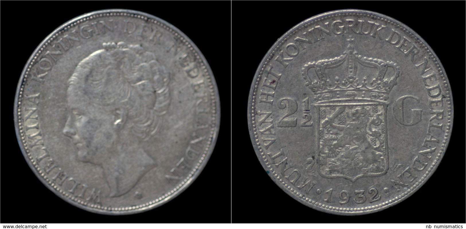 Netherlands Wilhelmina I 2 1/2 Gulden(rijksdaalder)1932 - Monnaies D'or Et D'argent