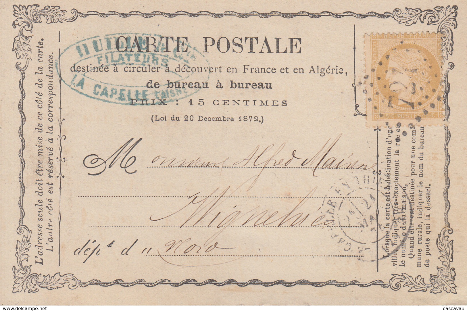 Carte  Postale  Précurseur  Oblitération  Gros  Chiffres  724     LA  CAPELLE   EN  THIERACHE   1874 - Cartes Précurseurs