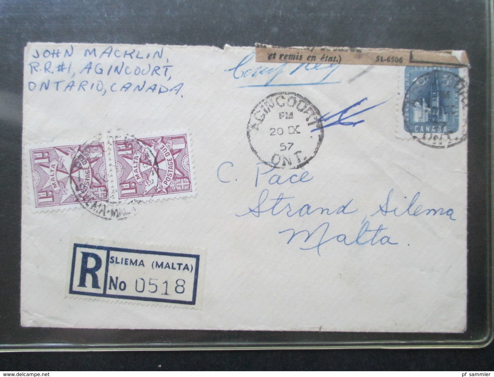 Canada - Malta 1957 Nachporto / R Sliema (Malta) No 0518. Prince Of Wales. Open Or Damaged / Zensur?! Toller Beleg!! - Malte