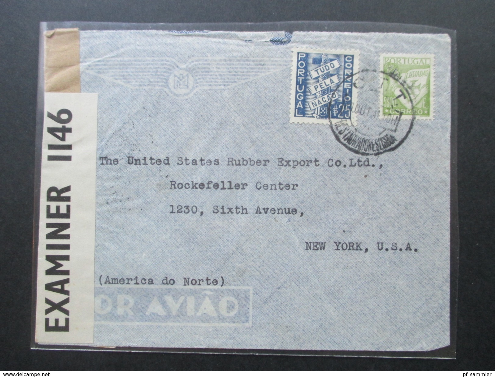Portugal 1941 Zensurpost Lisboa - New York. Rockefeller Center. Luftpost. Opened By Examiner 1146 - Briefe U. Dokumente