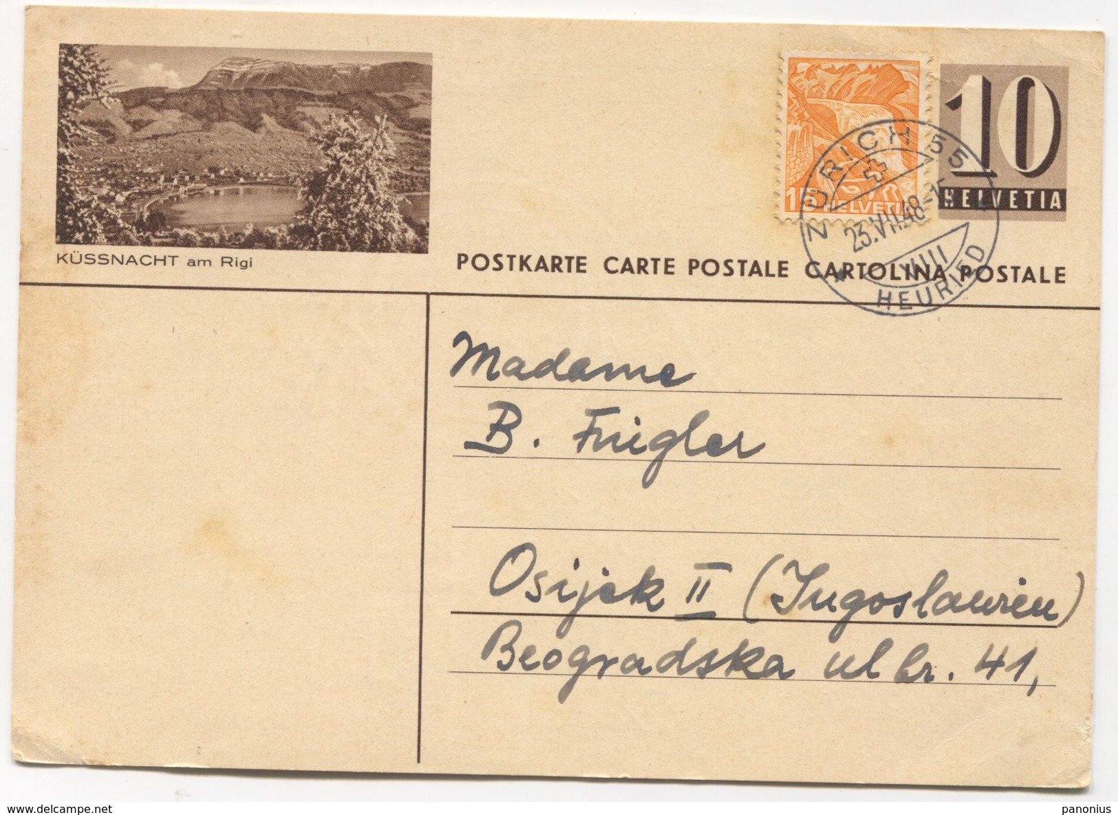 KUSSNACHT / AM RIGI - SWITZERLAND, Seal ZURICH, ILLUSTRATED STATIONERY 1948. USED - Interi Postali