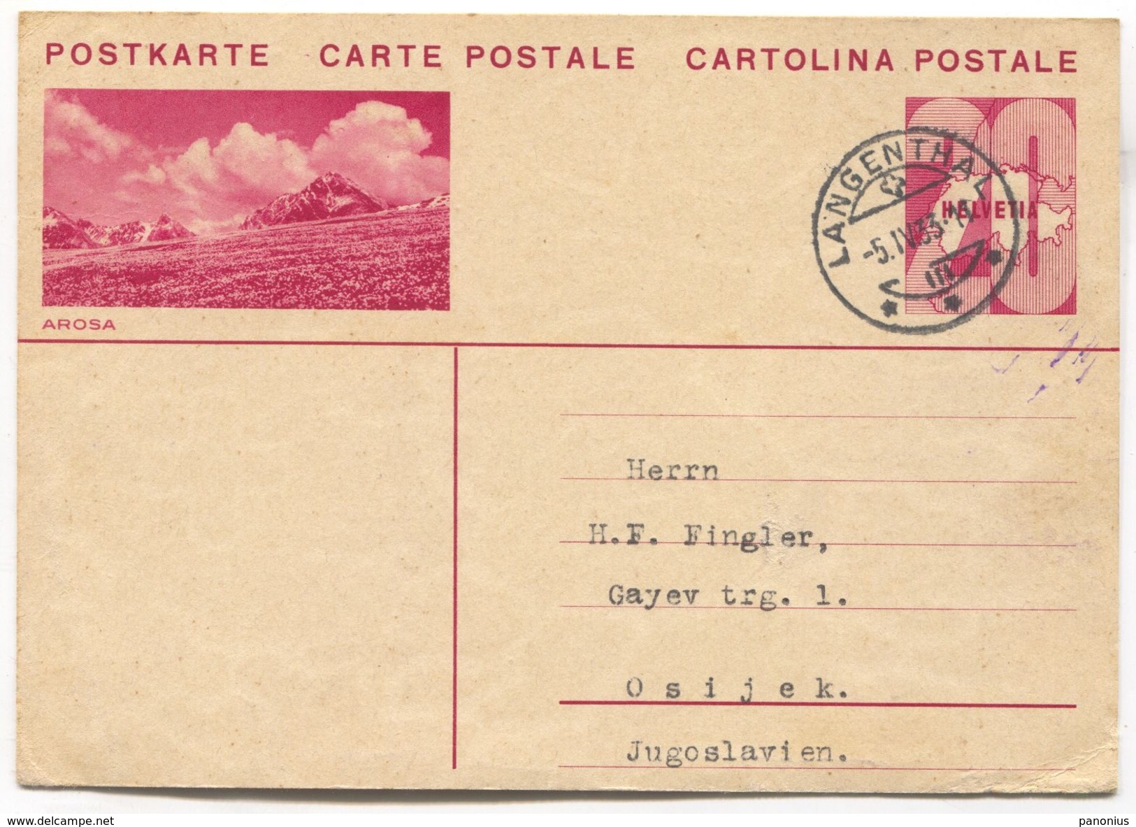 AROSA - SWITZERLAND, Seal LANGENTHAL, ILLUSTRATED STATIONERY 1933. USED - Interi Postali