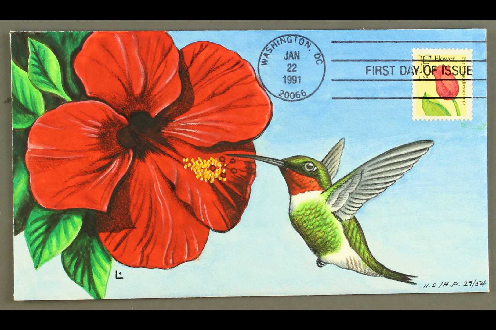 BIRDS - HAND PAINTED FIRST DAY COVER  1991 (22 Jan) Flower "F" Stamp, Scott 2517, On Hand Painted Illustrated FDC Showin - Other & Unclassified