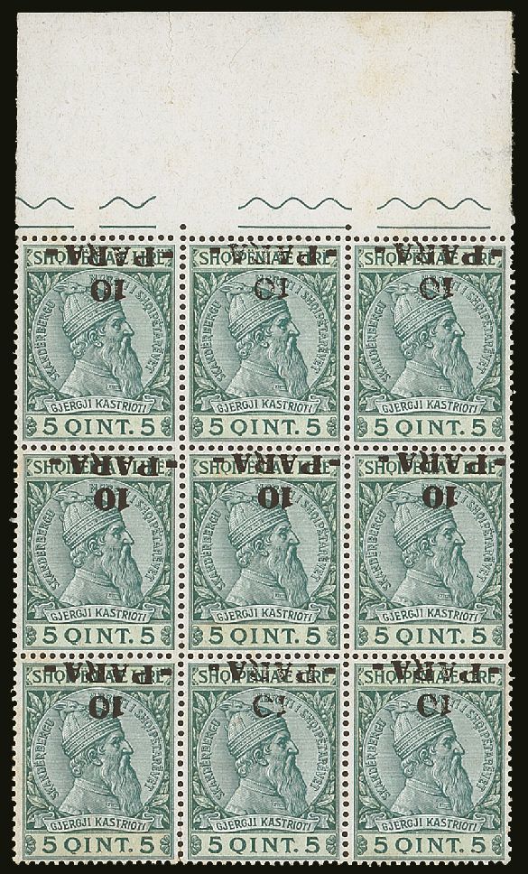 1914  10pa On 5q Skanderbeg, Mi. 42, A Rare Upper Marginal Block Of Nine With INVERTED SURCHARGES, Very Fine Never Hinge - Other & Unclassified