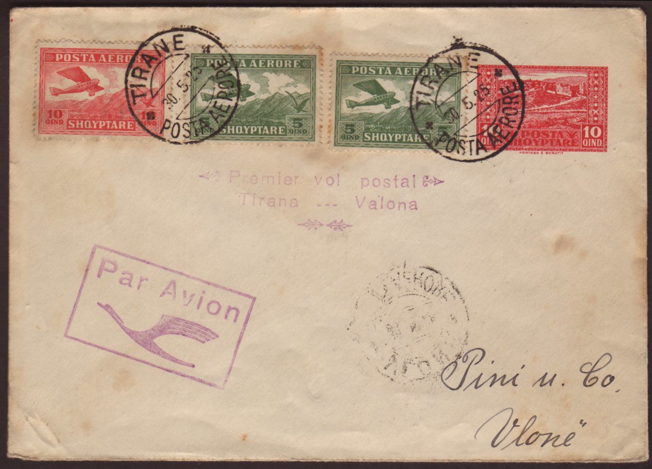 1925 (30 MAY) FIRST FLIGHT COVER  From Tirana To Valona By Adria Aero Lloyd, A 10q Postal Stationery Envelope Uprated Wi - Other & Unclassified