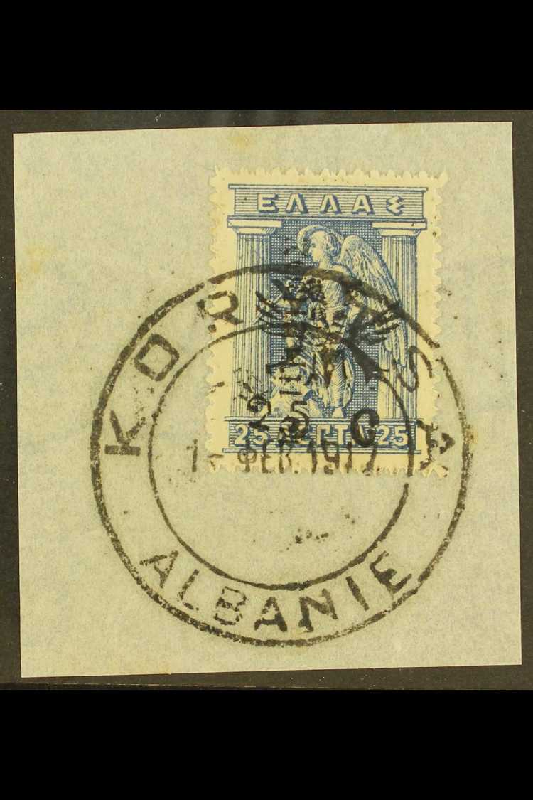 FRENCH ADMINISTRATION OF KORYTSA  1916 25c On 25l Blue, Kar 141, Superb Used On Piece. Scarce. Signed Schmidt. For More - Other & Unclassified