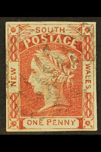 NEW SOUTH WALES  1851-52 1d Carmine On Bluish Paper, SG 45, Four Neat Margins And Barred Oval Cancel. For More Images, P - Other & Unclassified