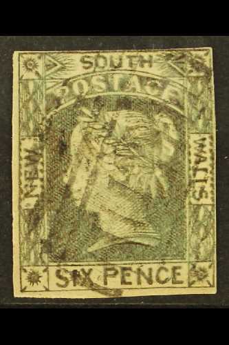 NEW SOUTH WALES  1852-53 6d Grey-brown, Showing Variety "WALLS", SG 76a, Four Clear To Large Margins, And Neat Barred Ov - Other & Unclassified