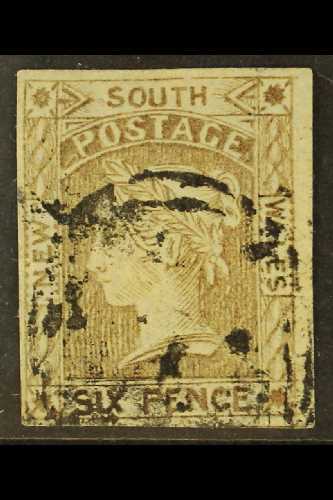 NEW SOUTH WALES  1852-53 6d Grey-brown, Re-engraved SG 78, Four Good To Large Margins, Barred Oval Cancel, Signed Brun. - Other & Unclassified