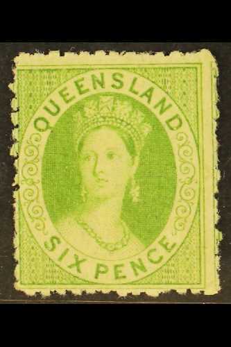 QUEENSLAND  1864-65 6d Yellow-green Chalon Perf 13, SG 47, Fine Mint, Lovely Fresh Colour. For More Images, Please Visit - Other & Unclassified