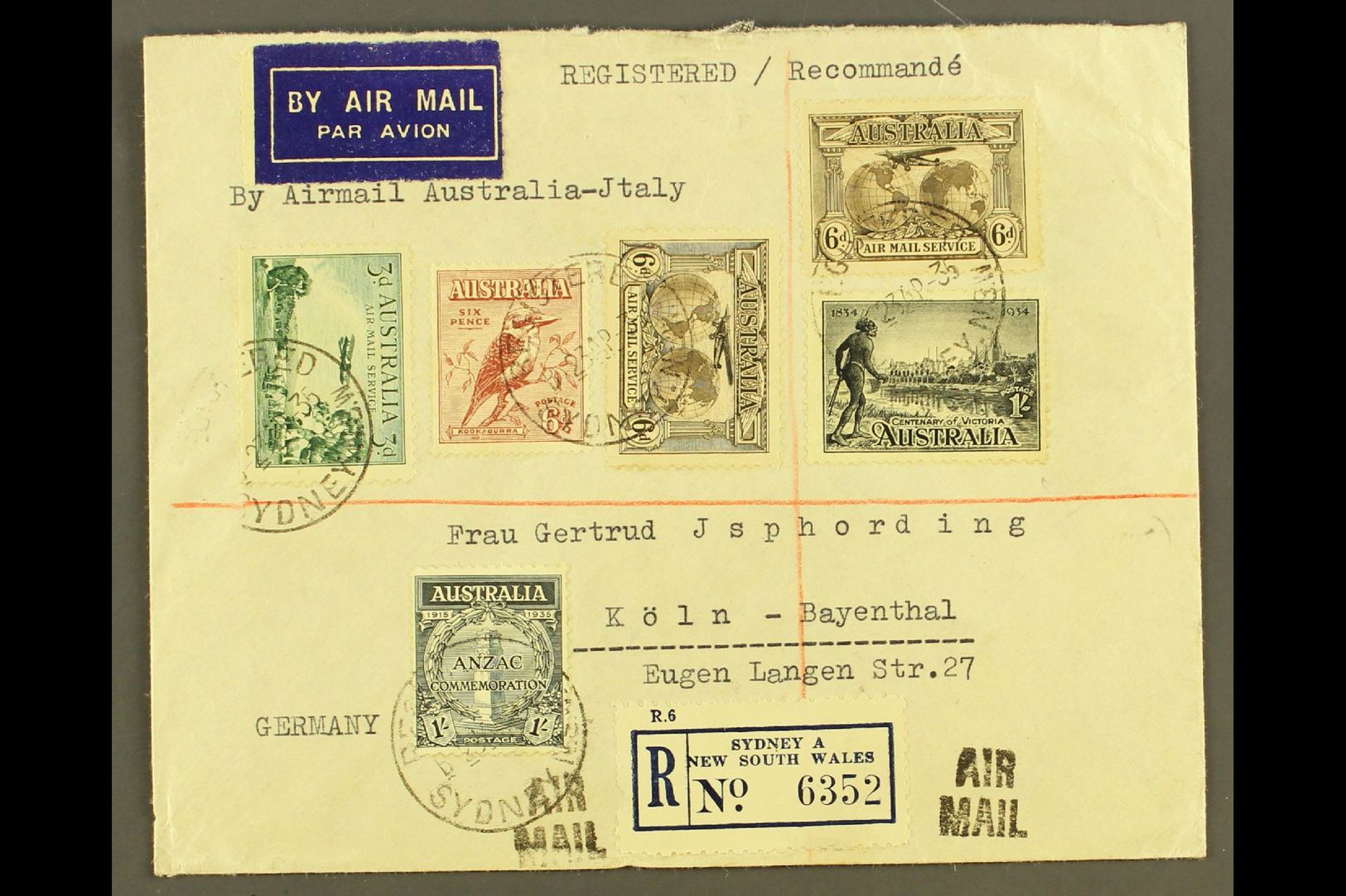 1935 AIRMAIL COVER  Addressed To Germany, Sent Via Airmail Service To Italy, Franked 1929 3d & 2x 1931 6d Sepia Airmail - Other & Unclassified