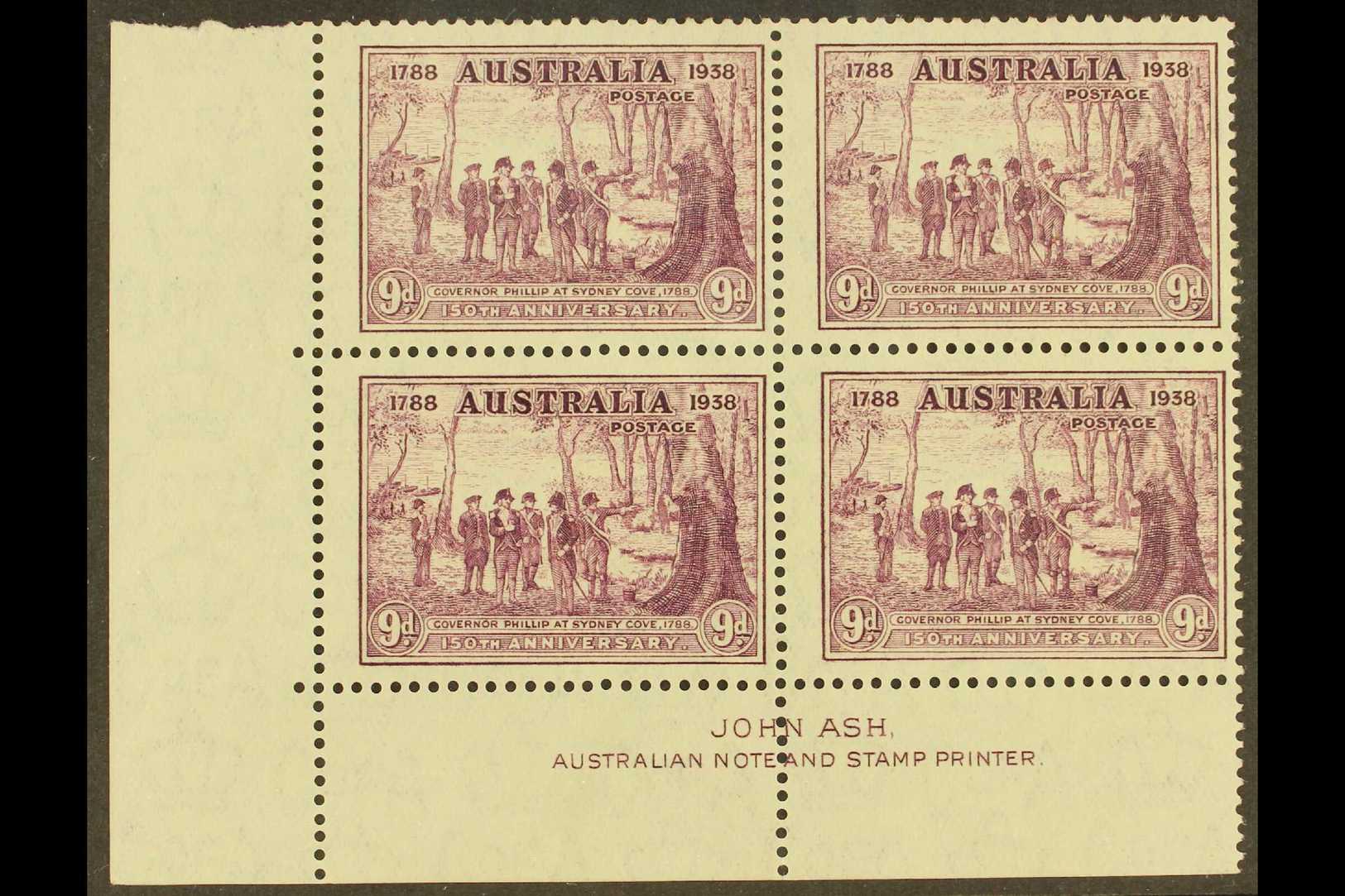 1937  9d Purple NSW, SG 195, Fine Mint Lower Left Corner 'JOHN ASH' IMPRINT BLOCK Of 4 With Roller Shift To Right Frame, - Other & Unclassified