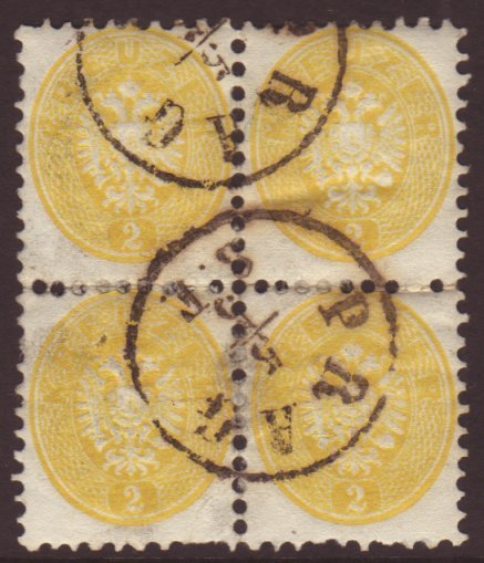 1863-64  2kr Yellow Perf 9½, Michel 30, SG 45, Finely Used BLOCK Of 4 Stamps With "Prag" Cds's, Minor Imperfections, Ver - Other & Unclassified