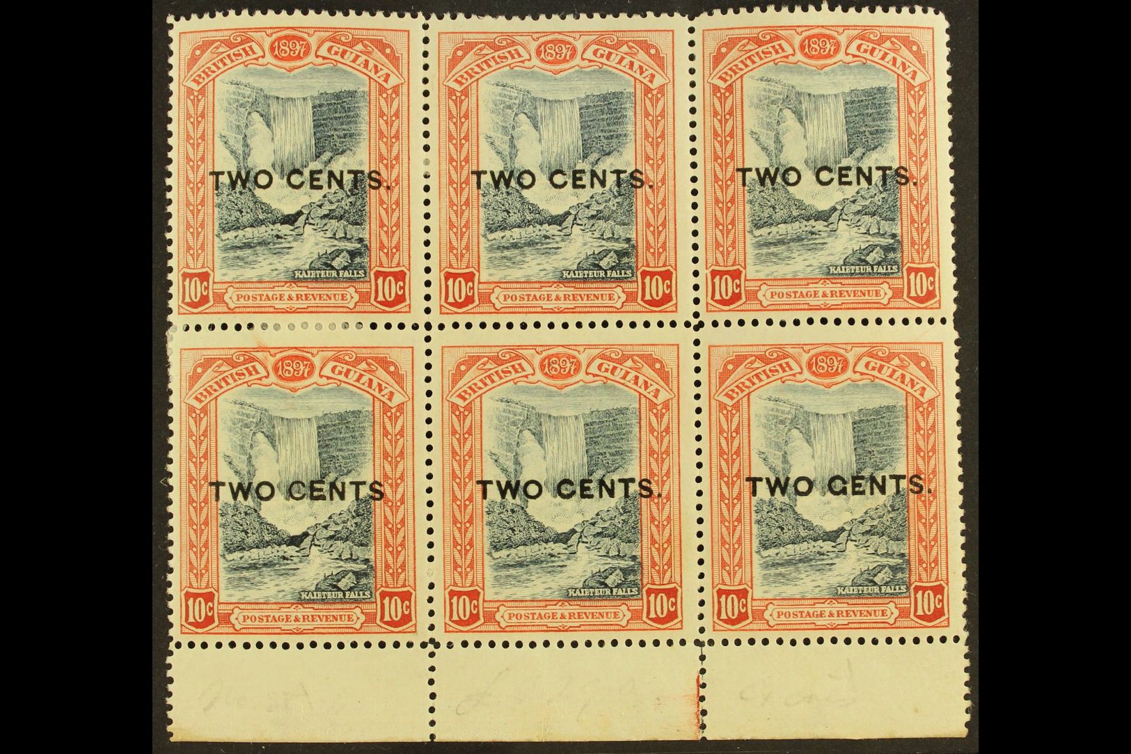 1899 POSITIONAL VARIETIES BLOCK  1899 2c On 10c Kaiteur Falls With NO STOP AFTER "CENTS" Variety, SG 223a, Plus "GENTS" - Other & Unclassified