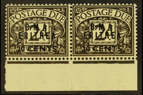 ERITREA  POSTAGE DUES 1948 20c On 2d Agate, Horizontal Pair Both Showing Variety "No Stop After A", SG ED 3a, Very Fine - Other & Unclassified