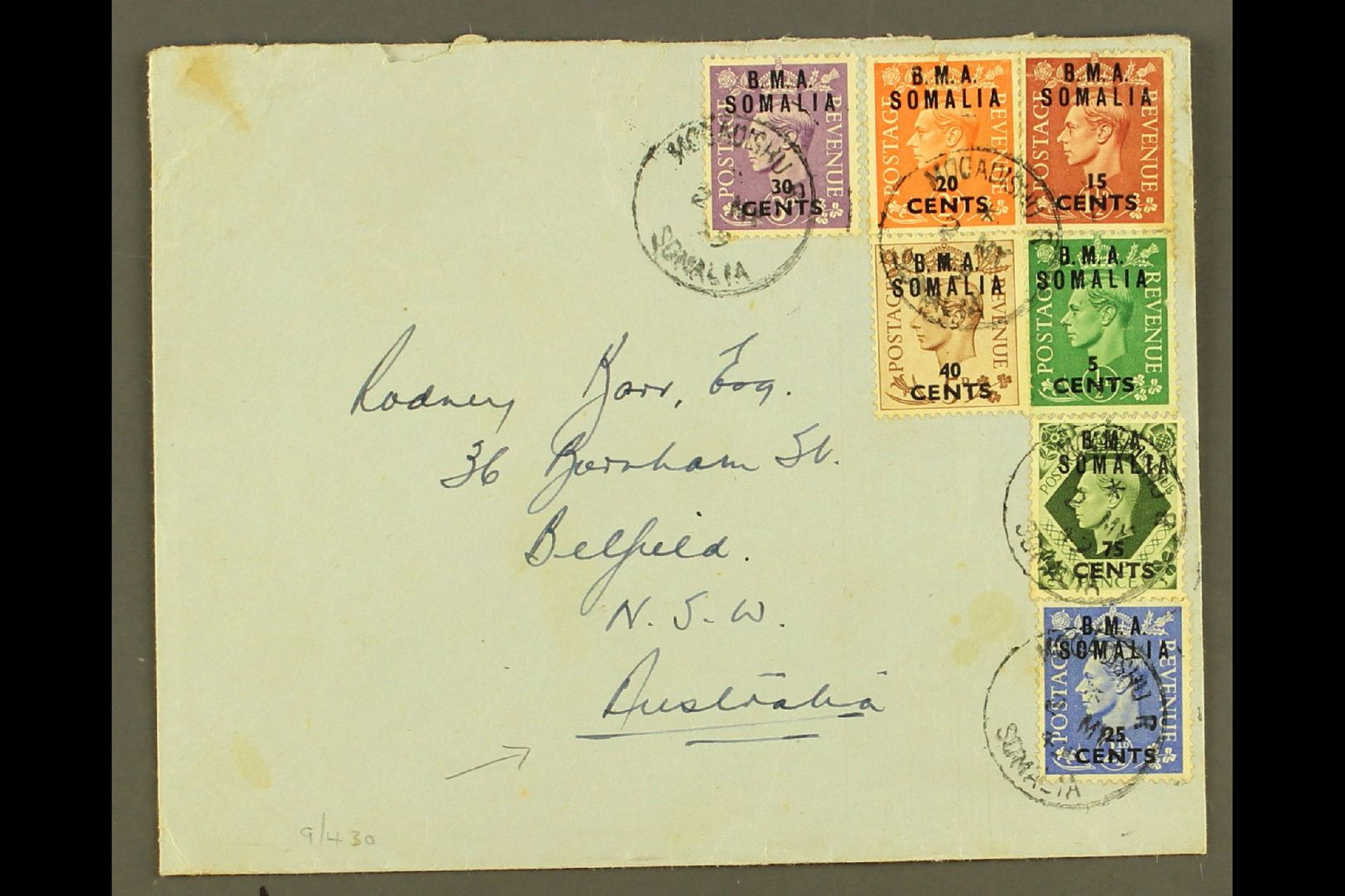 SOMALIA  1949 Plain Envelope To Australia, Franked KGVI 5c On ½d To 40c On 5d & 75c On 9d "B.M.A. SOMALIA" Ovpts, SG S10 - Other & Unclassified