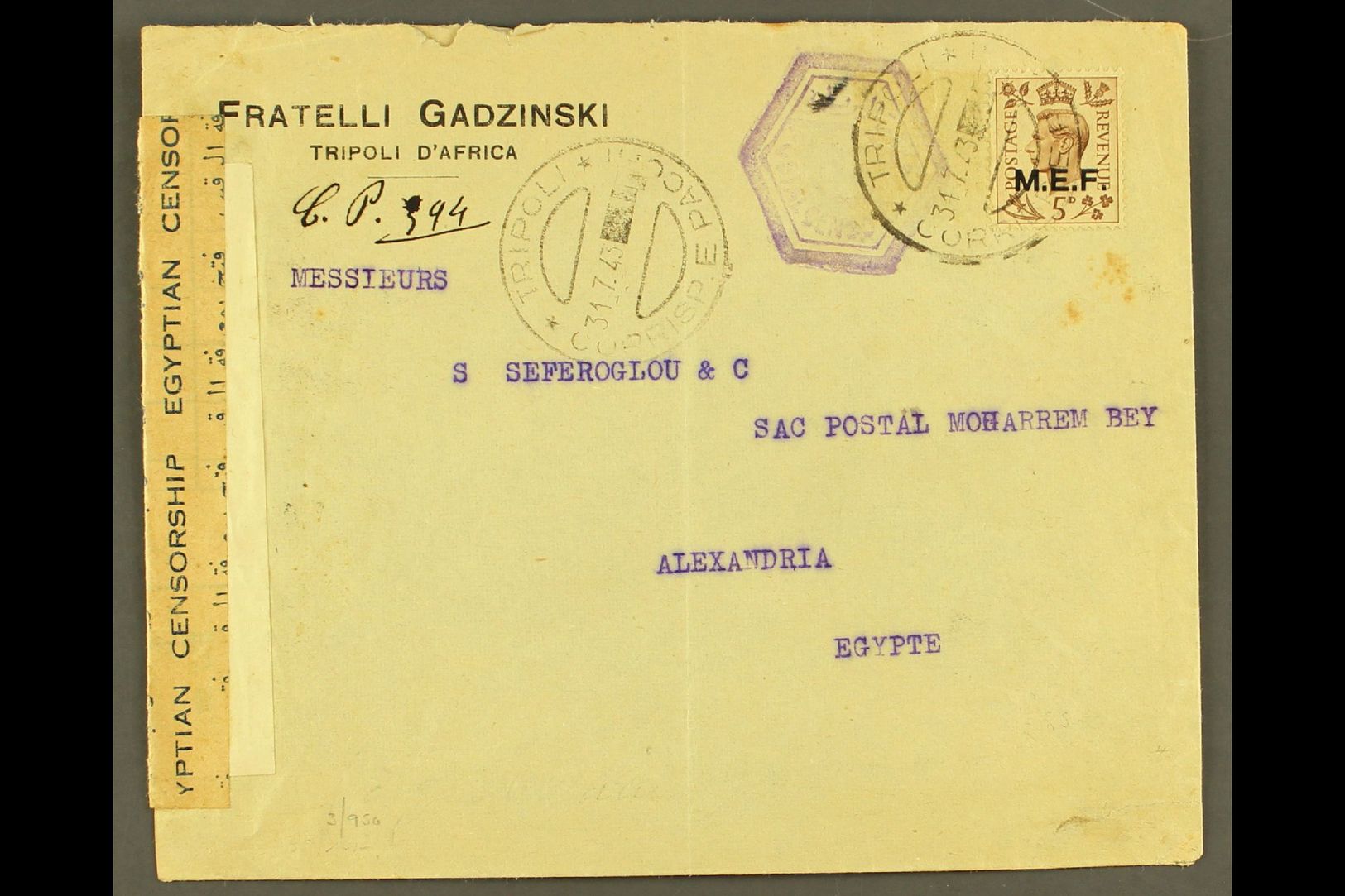 TRIPOLI  1943 Censored Commercial Cover To Egypt, Franked With KGVI 5d "M.E.F." Ovpt, Clear Tripoli 31.7.43 C.d.s. Postm - Other & Unclassified