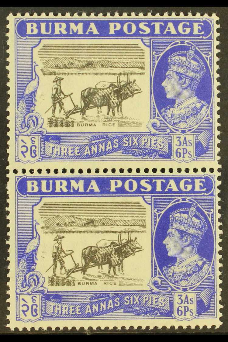 1946  3a6p Black & Ultramarine "Burma Rice" Vertical Pair, Lower Stamp Bearing "CURVED PLOUGH HANDLE" Variety, SG 57b/57 - Other & Unclassified