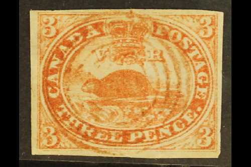 1857  3d Red Beaver On Ribbed Paper, SG 22, Four Margins With Neat Red Target Cancel, Crease. For More Images, Please Vi - Other & Unclassified