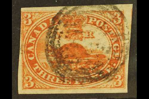 1857  3d Red Beaver On Ribbed Paper, SG 22, Four Clear To Large Margins And Target Cancel. For More Images, Please Visit - Other & Unclassified