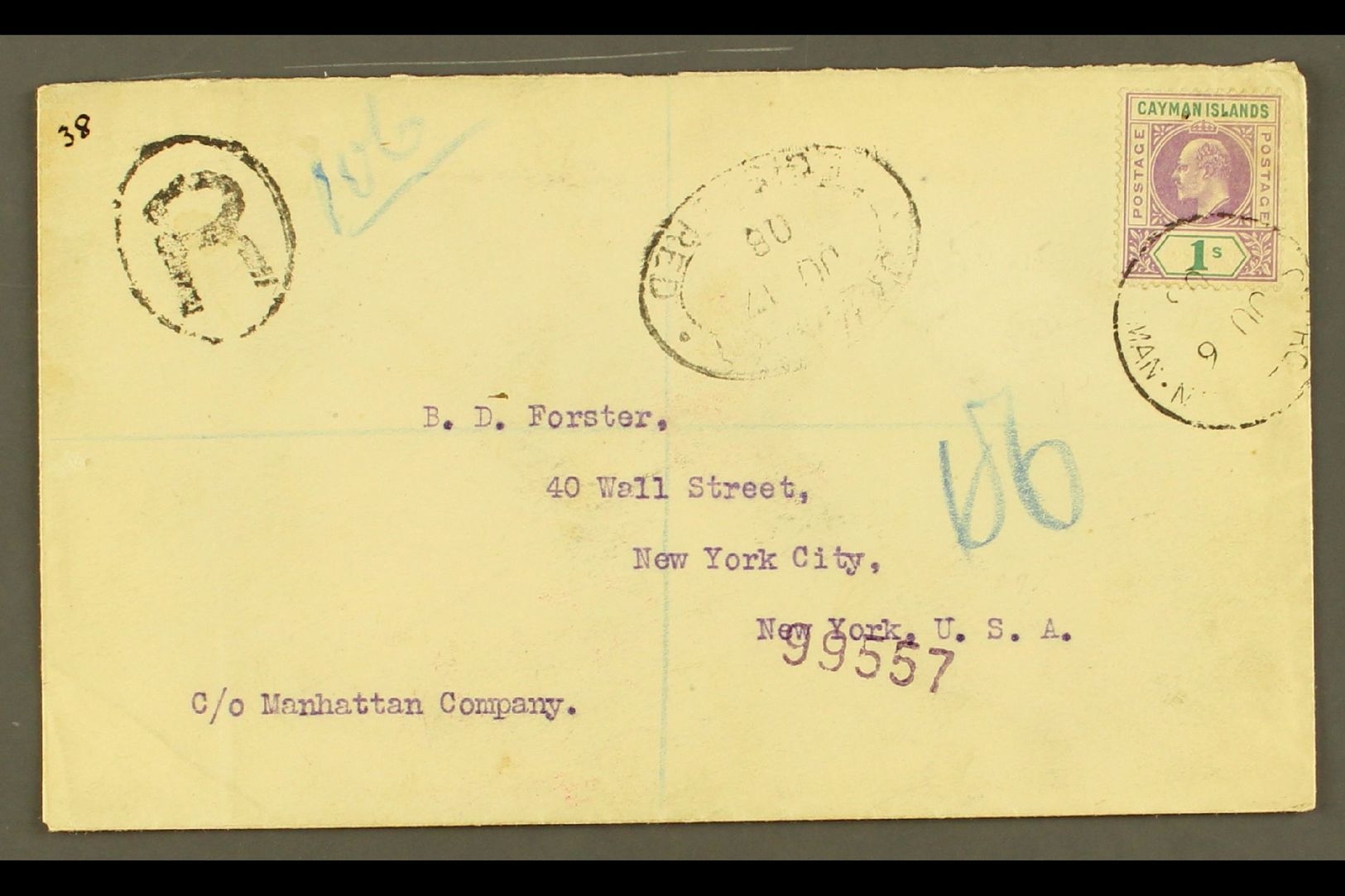 1908  (6 June) Registered Cover To USA, Bearing 1907 1s Stamp (SG 15) Tied By "George Town" Cds, With Registration "R" C - Other & Unclassified