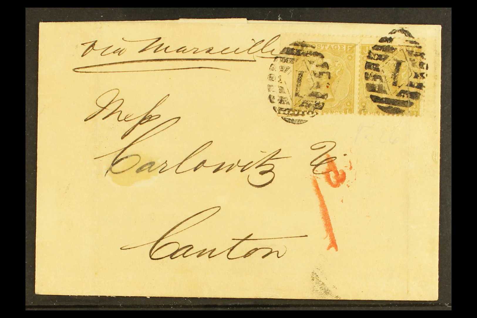 INCOMING MAIL  1866 Cover Addressed To "Carlowitz & Co., Canton," Franked With 9d Straw, Plate 4 Horizontal Pair, SG 98, - Other & Unclassified