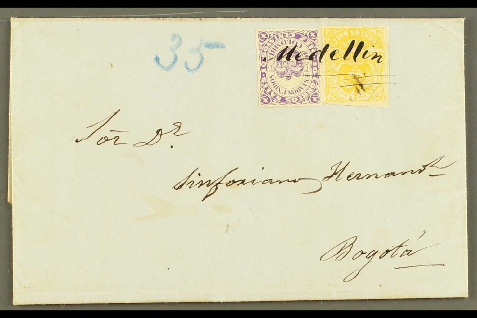 1871 (4 DEC) ENTIRE LETTER  From Medellin To Bogota Bearing 1868 10c Violet Type II, Scott 54c, And 1870 5c Yellow, Scot - Other & Unclassified